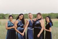 mismatching navy, blue and teal velvet maxi bridesmaid dresses are a super cool and catchy solution