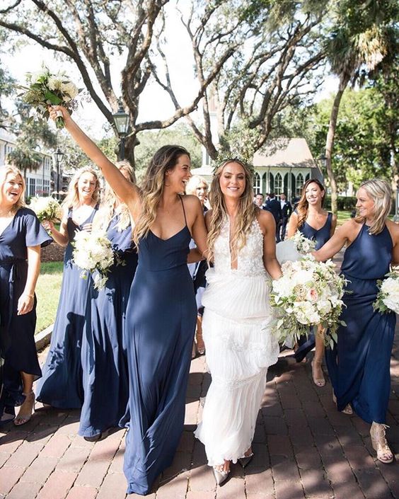 mismatching navy maxi bridesmaid dresses with nude shoes are a cool idea for spring or summer