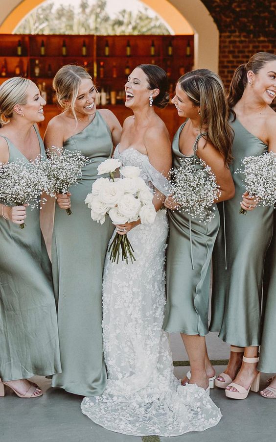 mismatching strap and one shoulder olive green midi and maxi bridesmaid dresses and nude shoes for a spring wedding