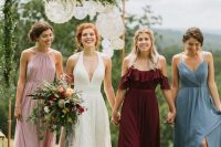 mix and match blush, burgundy and grey maxi bridesmaid dresses are a lovely solution for a fall boho wedding