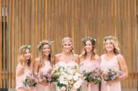 mix and match blush maxi bridesmaid dresses with halter and other necklines are a cool solution for a delicate wedding with pastels