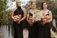 mix and match modern black midi bridesmaid dresses with various necklines including halter and black shoes