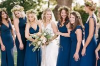 mix and match navy maxi and midi bridesmaid dresses are a cool solution for a more formal summer wedding