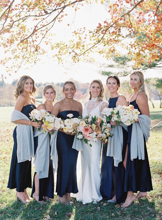 mix and match navy maxi bridesmaid dresses with silver shoes and light blue pashminas are amazing for the fall