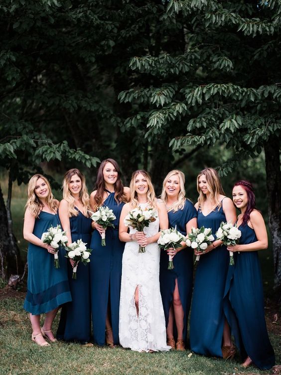 mix and match navy midi and maxi bridesmaid dresses are always a good idea, whatever the season is
