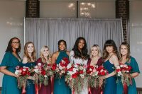 mix and match teal, navy and burgundy maxi bridesmaid dresses with various necklines including halter