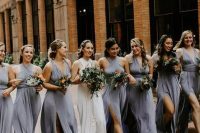 msimatching grey maxi bridesmaid dresses with side slits are great for a spring, summer or fall wedding