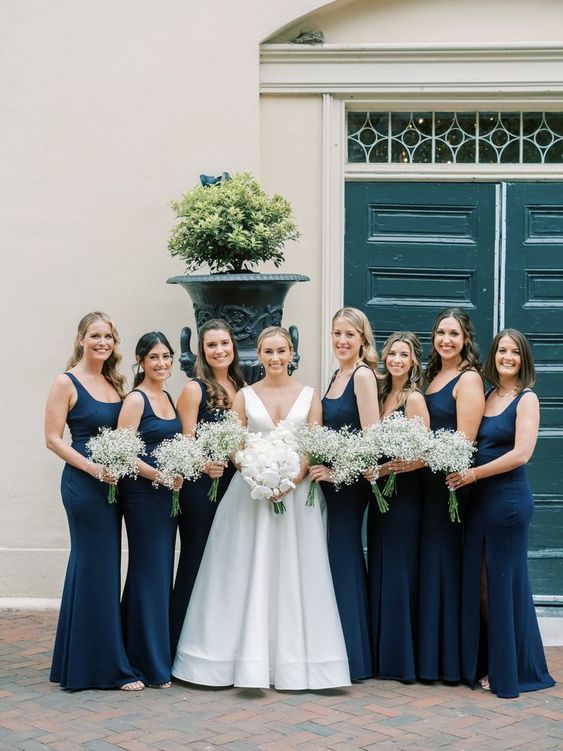 navy mermaid maxi bridesmaid dresses with straps and square necklines are a super chic modern idea for a wedding