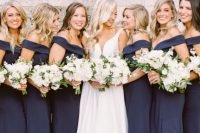 navy off the shoulder maxi bridesmaid dresses are a very elegant option that never goes out of style