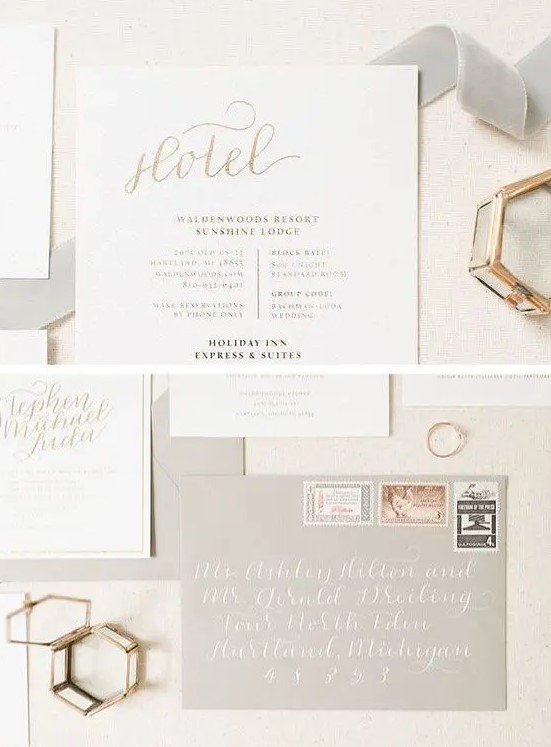 neutral wedding invites in light grey and cream, with gold calligraphy