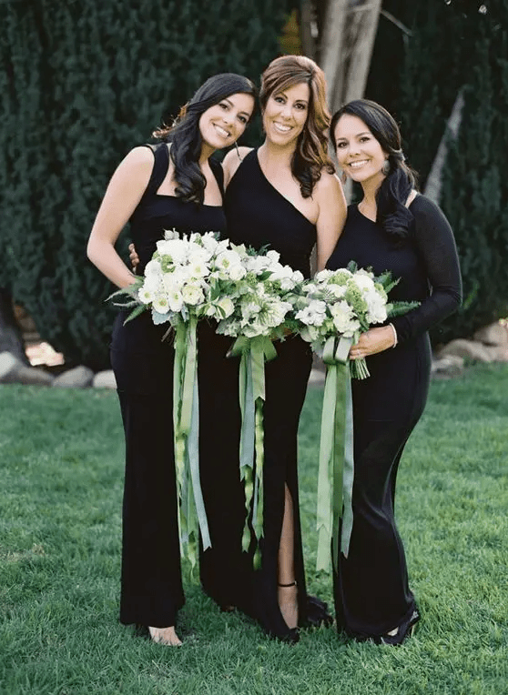 refined and chic black maxi bridesmaid dresses including a one shoulder one are a great idea for a modern wedding