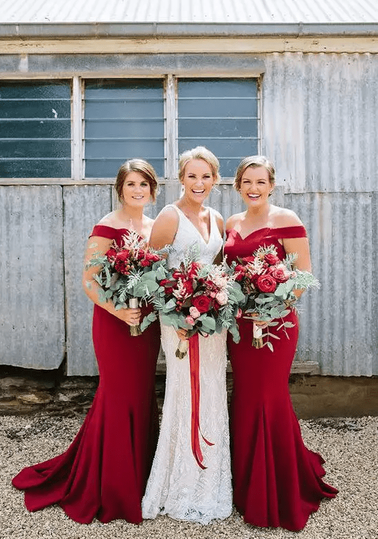 ruby red off the shoulder bridesmaid dresses for an elegant vintage wedding or for a holiday one