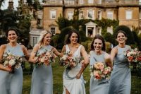 silver grey sleeveless maxi bridesmaid dresses with high necklines, white shoes for a chic spring wedding