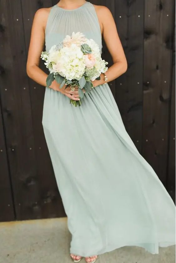 simple pastel green bridesmaid's dress with a halter neckline is always a good idea for a sping or summer wedding