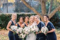 sophisitcated navy maxi bridesmaid dresses with and without sleeves look fantastic and are ideal for a fall or winter wedding