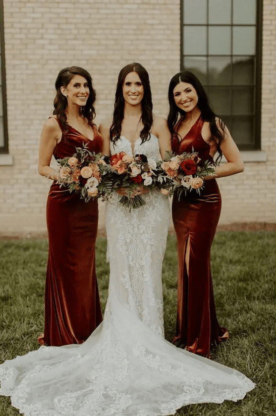 sophisticated maxi burnt orange velvet bridesmaid dresses with thick straps and thigh high slits are adorable