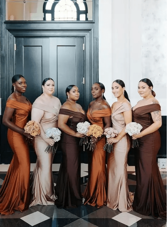 sophisticated off the shoulder mermaid bridesmaid dresses in champagne, orange and brown colors for a chic fall wedding