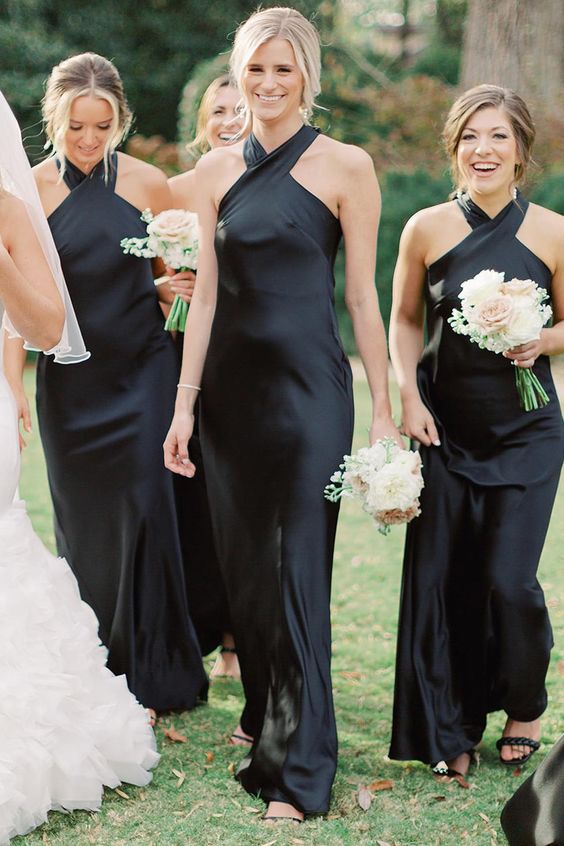 stylish black halter neck maxi bridesmaid dresses and black shoes are a timeless idea for any modern wedding