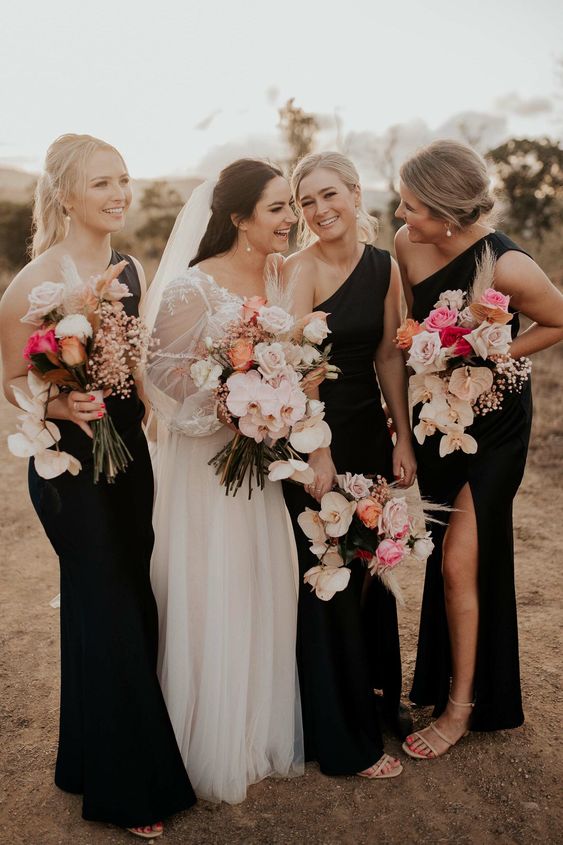 stylish black maxi one shoulder bridesmaid dresses and nude shoes are a perfect combo for an elegant and modern wedding