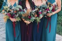 teal, navy and purple mismatching maxi dresses with different designs – mismatch done right