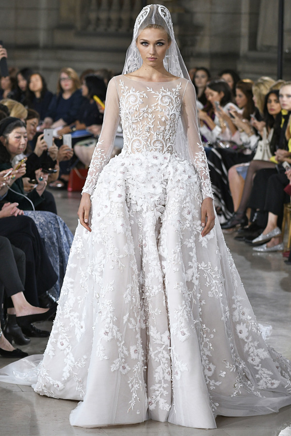 Georges Hobeika floral wedding gown with illusion neckline and a matching veil