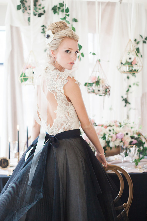 Rock a bridal separate like here, a blush top and a black skirt