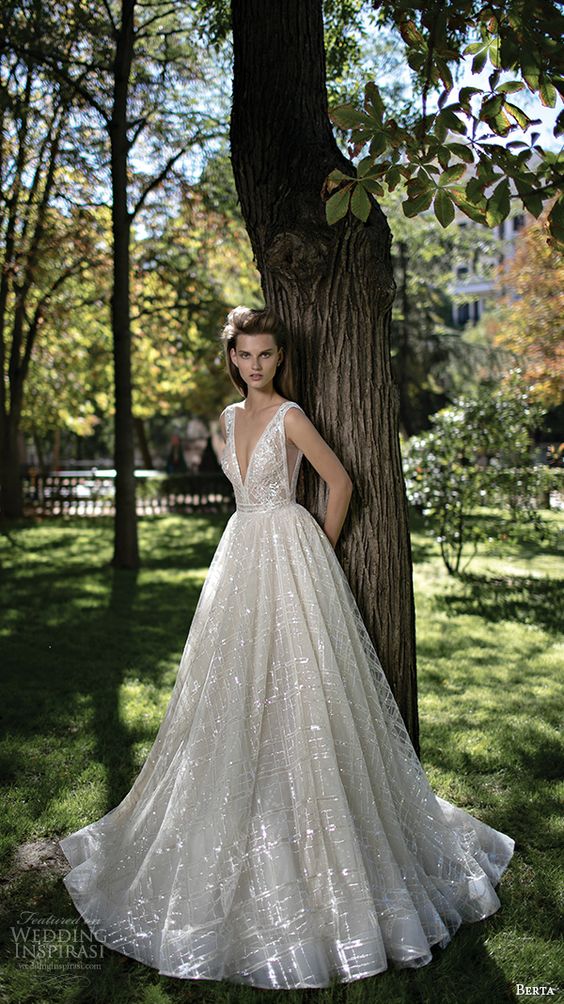 A-line wedding ball gown with a deep v plunging neckline