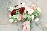 03 burgundy and white bouquet with blush ribbon