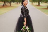 black tulle wedding dress under a jacket