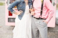 a casual bridal look with a ruffle strapless wedding dress and a blue denim jacket cover up