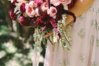 05 lush fall bouquet in crimson, burgundy and blush and a blush glitter dress