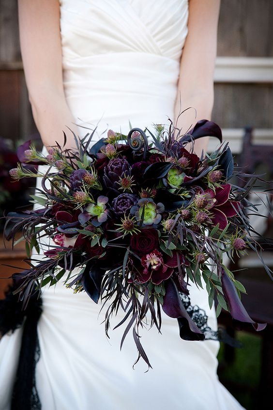 deep red and purple wedding bouquet with succulents