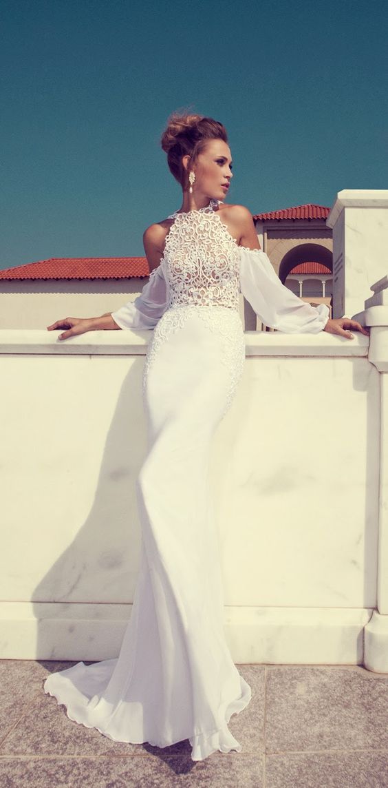 lace off the shoulder wedding gown with halter neckline