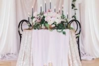 11 Sequin tablecloth with a blush runner looks very glam