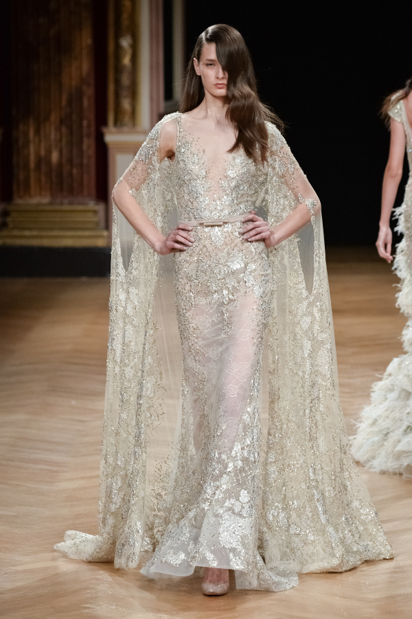 Ziad Nakad sparkling champagne wedding dress with beads and sleeves to the floor