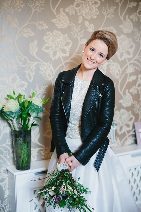 sequin wedding dress with a cropped leather motorcycle jacket