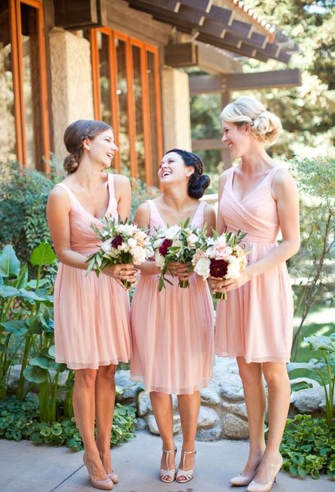 blush bridesmaids' dresses, white, blush and burgundy bouquets