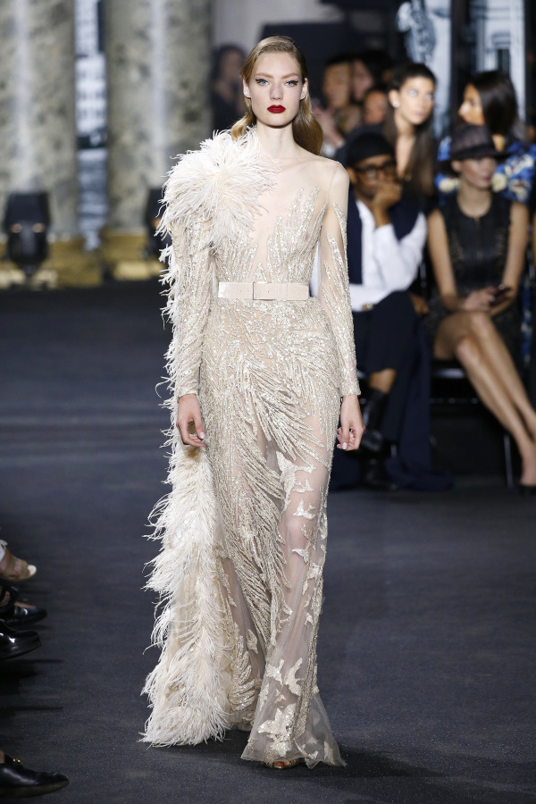 Elie Saab's sparkling champagne wedding gown with feathers