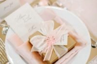 15 blush tablescape and gold boxes for favors
