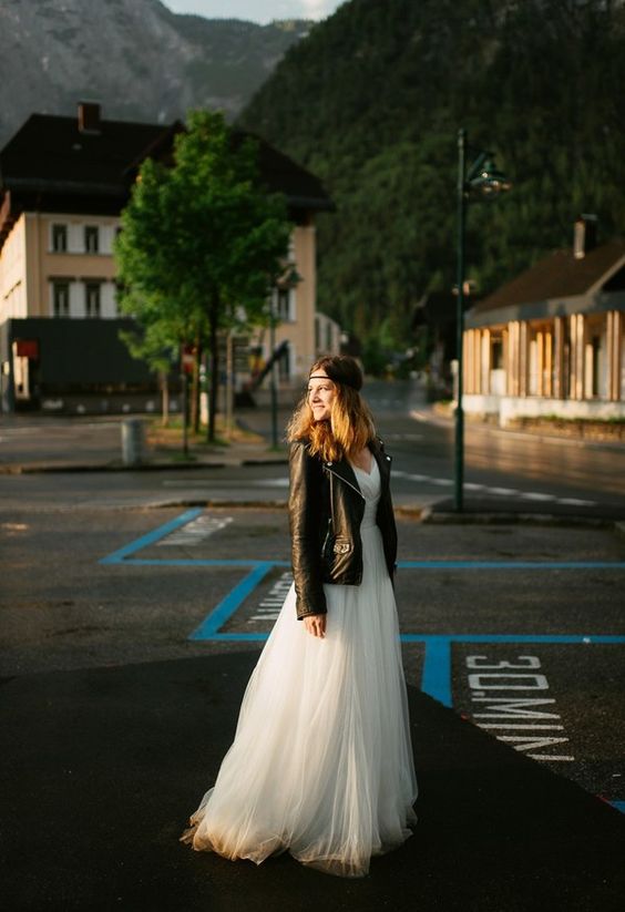 tulle dress and a moto jacket for a rock bride