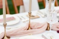 16 blush table runner and gold candle holders