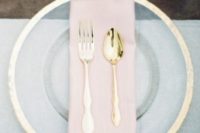 17 gold edge plate and tableware with a blush napkin