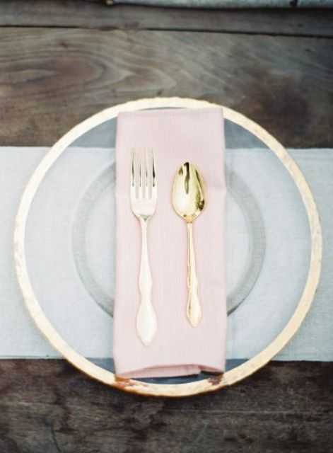 gold edge plate and tableware with a blush napkin