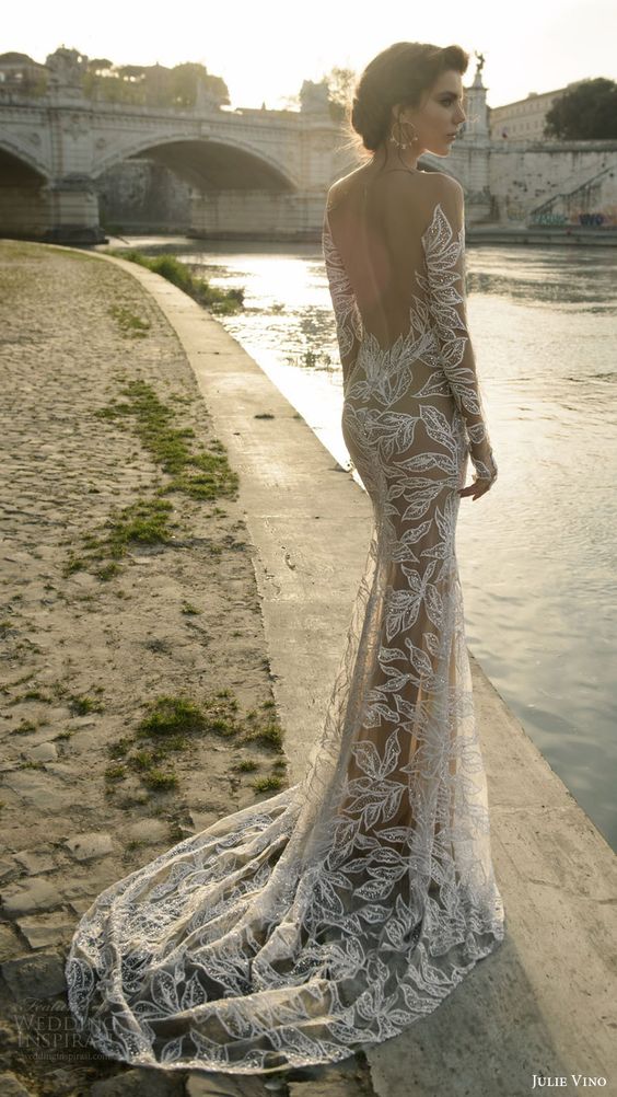 illusion off shoulder beaded sheath wedding dress with a nude slit skirt