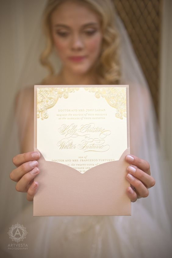 blush envelopes and gold invitations