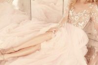 23 long sleeve A-line wedding dress, illusion floral beaded bodice with bateau neckline
