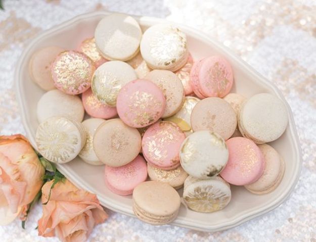 blush and cream macarons with gold glitter
