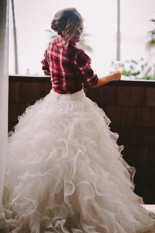 a red plaid shirt with a ruffled wedding gown