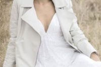 28 white leather jacket with a beautiful romantic dress
