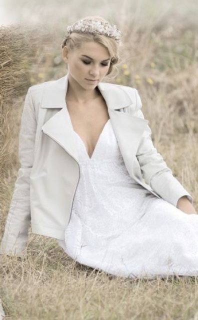 white leather jacket with a beautiful romantic dress